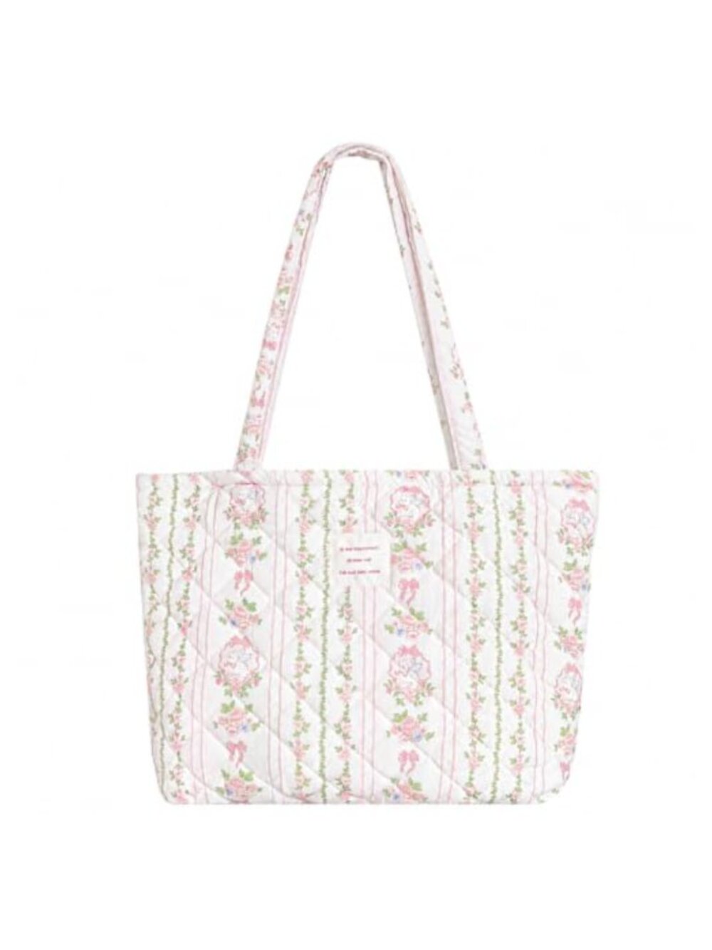 Quilted Cotton Floral Tote Bag with Zipper Closure Shoulder Satchel